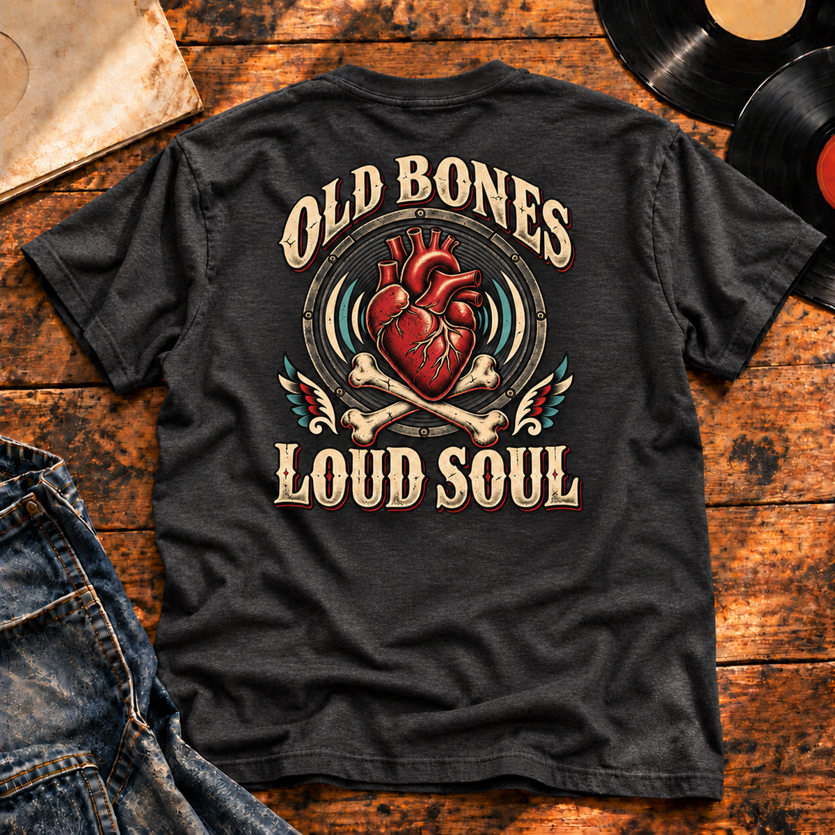 Old Bones Loud Soul heavyweight tee charcoal-heather enlarged back print