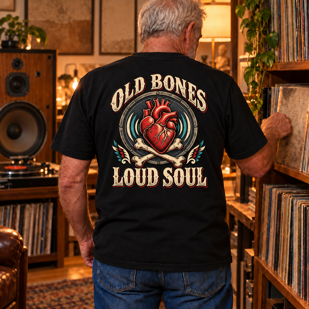 Old Bones Loud Soul heavyweight tee lifestyle enlarged back print