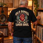 Old Bones Loud Soul heavyweight tee lifestyle enlarged back print