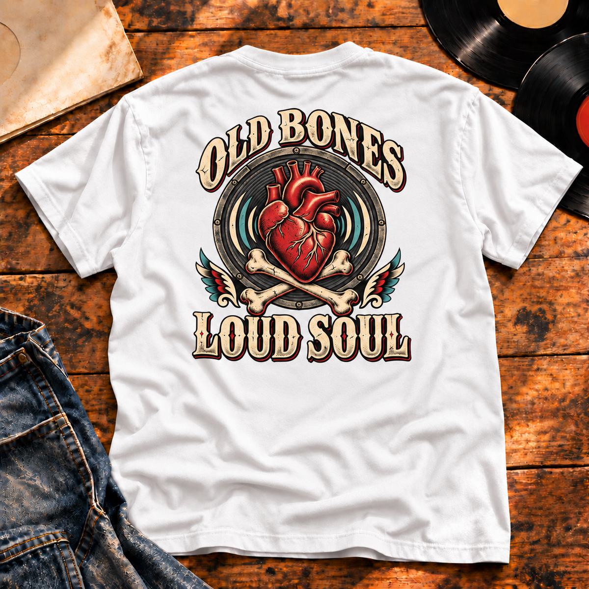 Old Bones Loud Soul heavyweight tee white enlarged back print