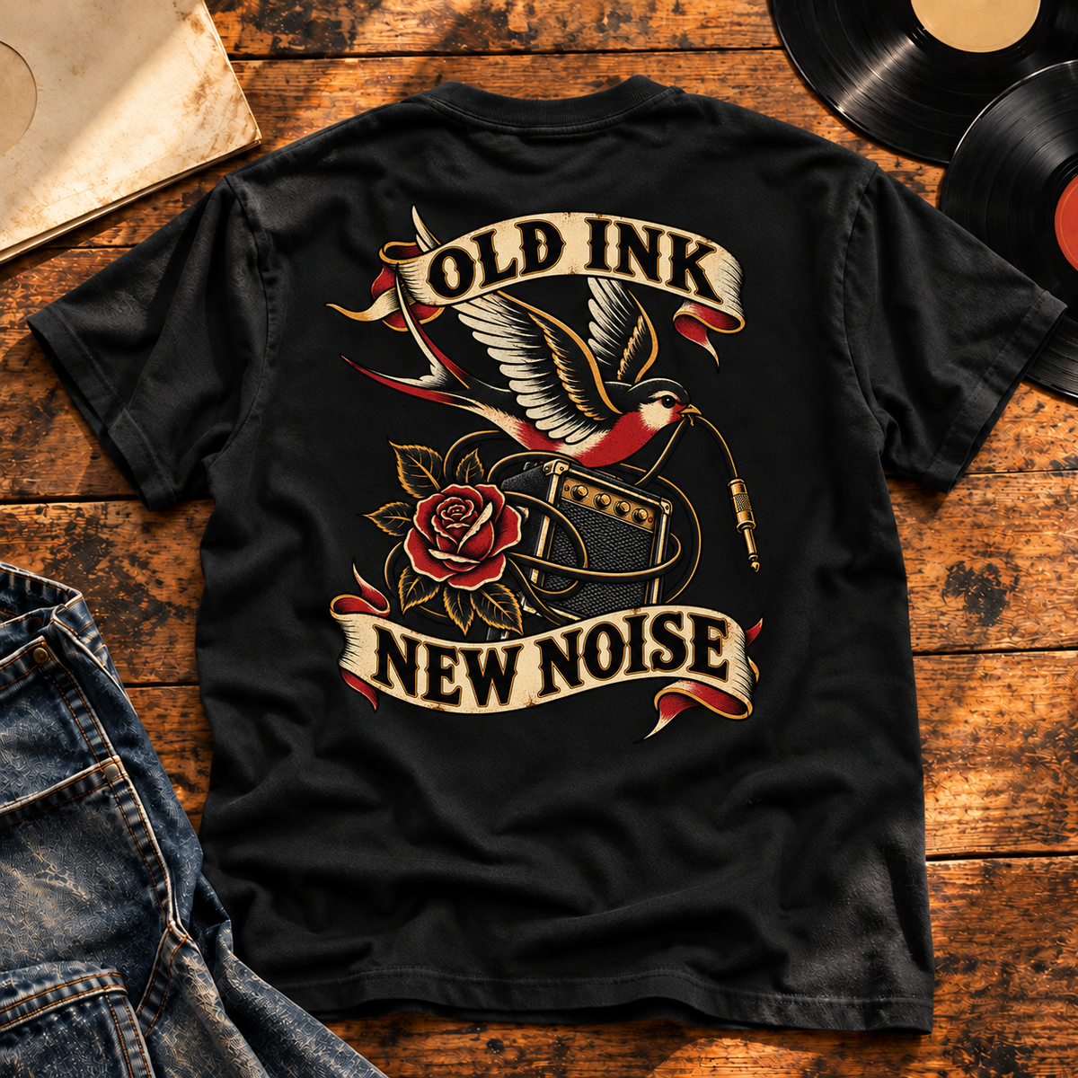 Old Ink, New Noise heavyweight tee in Black – back print hero
