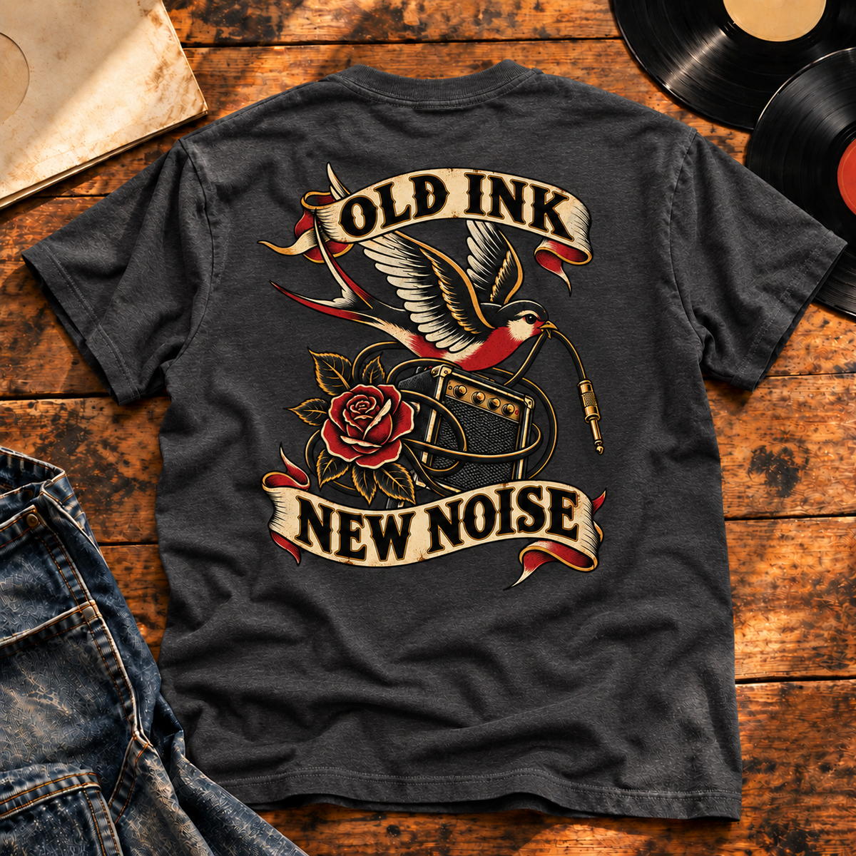 Old Ink, New Noise heavyweight tee in Charcoal Heather – back print hero