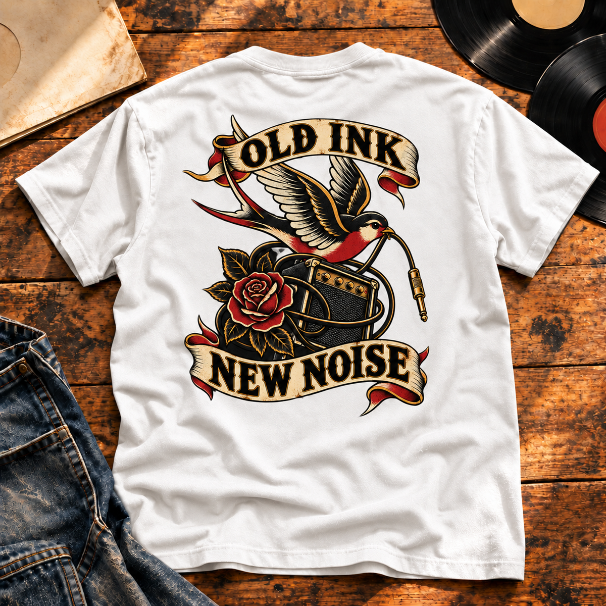Old Ink, New Noise heavyweight tee in White – back print hero