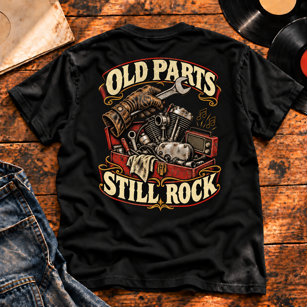 Old Parts Still Rock Heavyweight Tee — black back-print hero