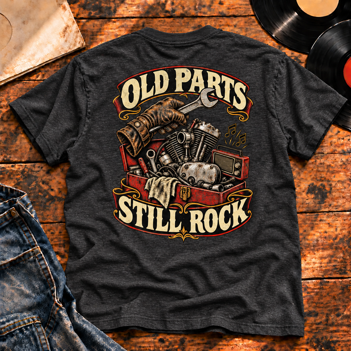 Old Parts Still Rock Heavyweight Tee — charcoal back-print hero