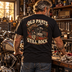 Old Parts Still Rock Heavyweight Tee — Black lifestyle photograph