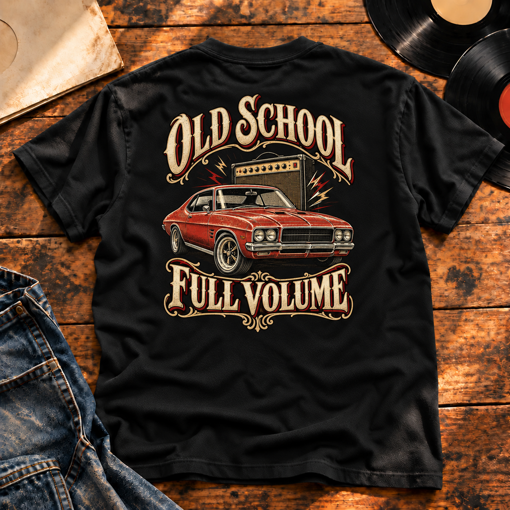 Old School Full Volume Heavyweight Tee — Black back-print vinyl hero
