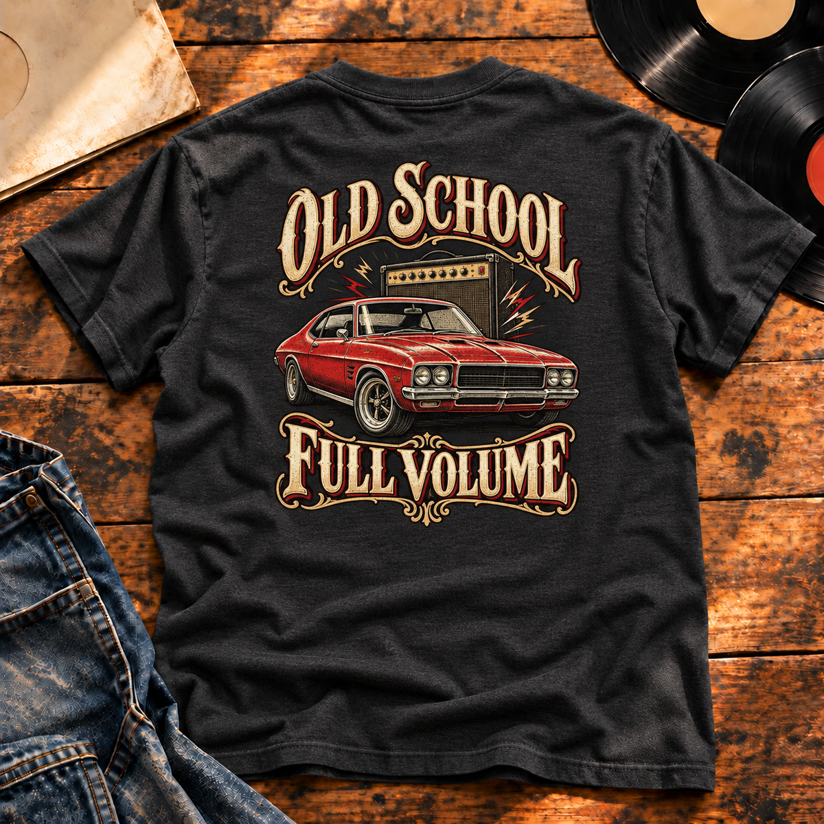 Old School Full Volume Heavyweight Tee — Charcoal Heather back-print vinyl hero