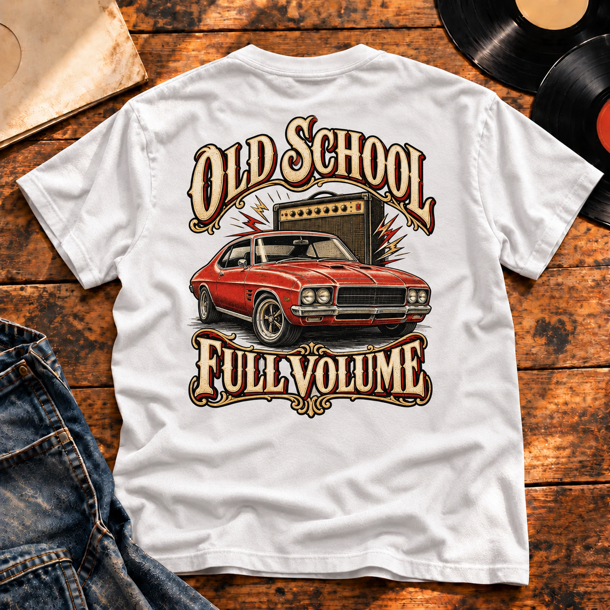 Old School Full Volume Heavyweight Tee — White back-print vinyl hero