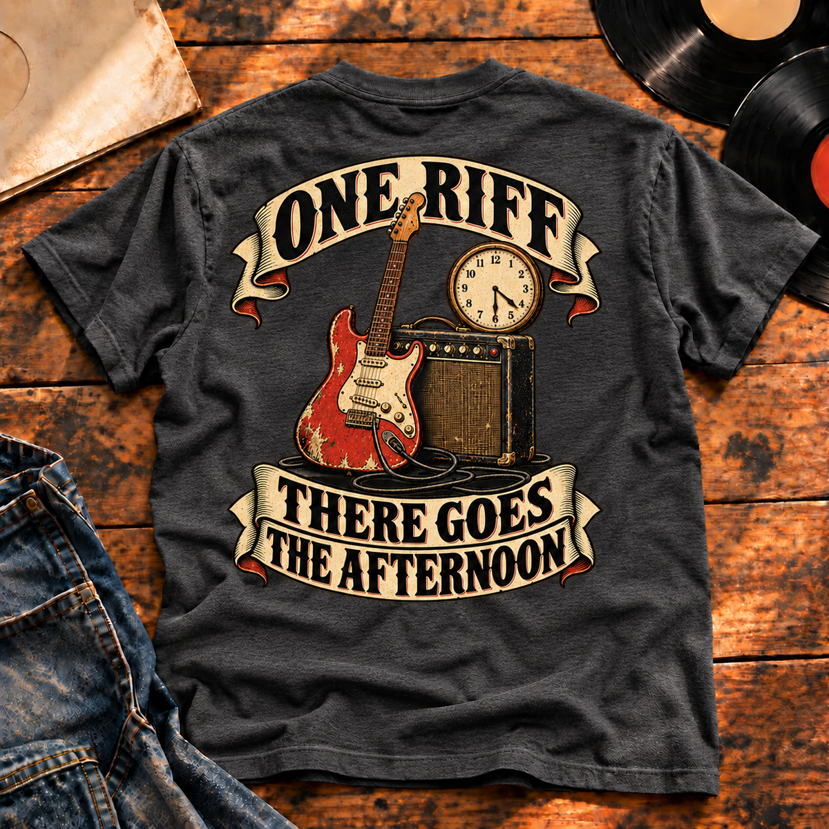 One Riff There Goes The Afternoon Heavyweight Tee charcoal back print hero