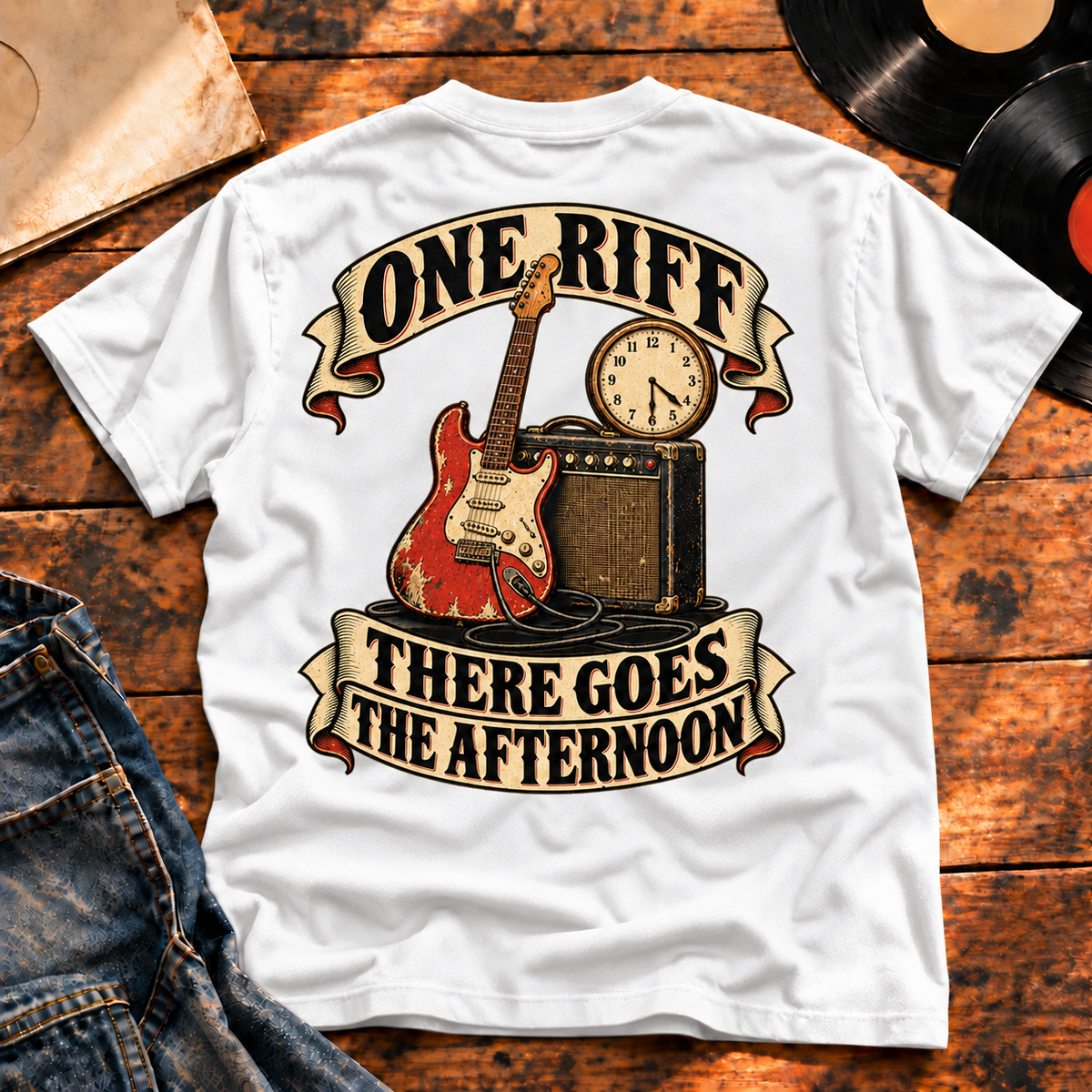 One Riff There Goes The Afternoon Heavyweight Tee white back print hero