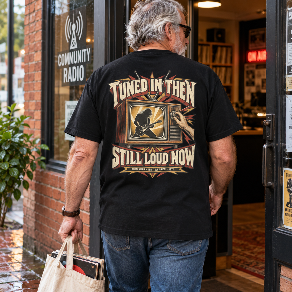 Tuned In Then Still Loud Now Heavyweight Tee — Black lifestyle back print
