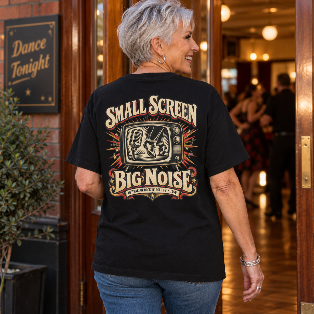 Small Screen Big Noise Heavyweight Tee — Black lifestyle back print