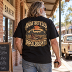 Dust Settles Rock Doesn’t Heavyweight Tee — Black lifestyle back print