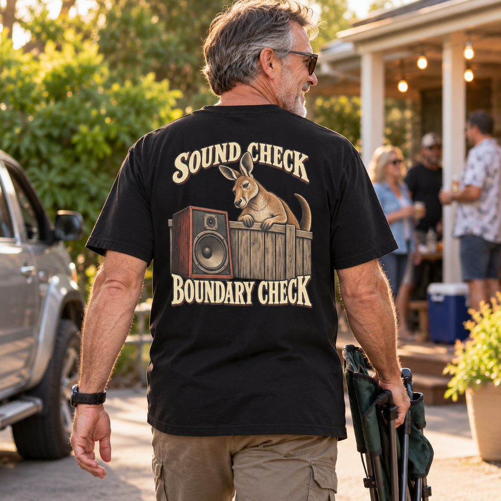 Sound Check Boundary Check Heavyweight Tee — Black lifestyle back print