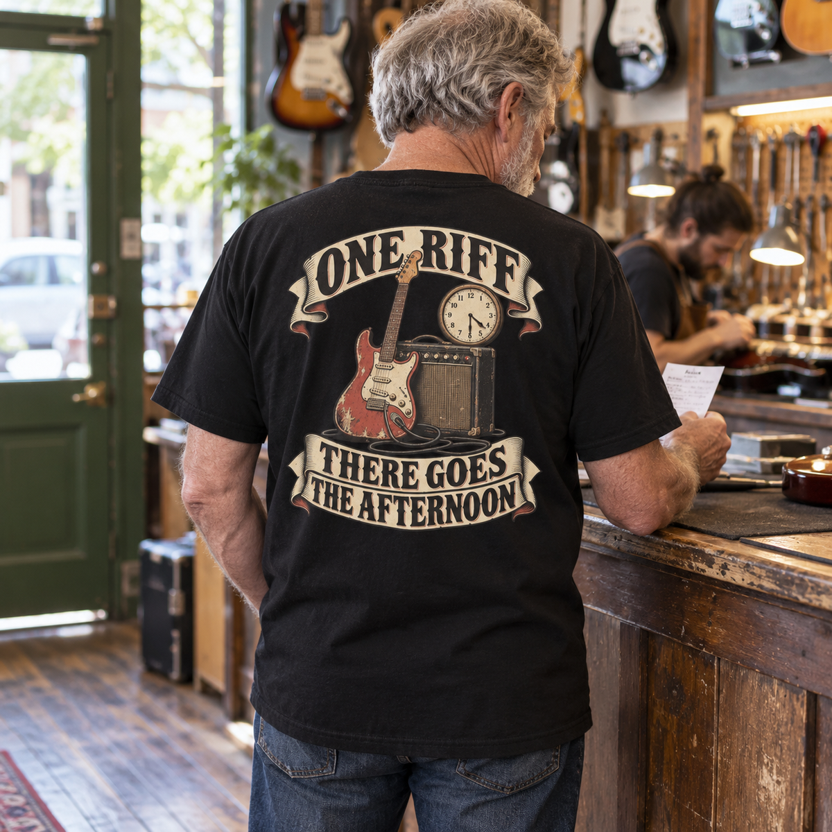 One Riff There Goes The Afternoon Heavyweight Tee — Black lifestyle back print