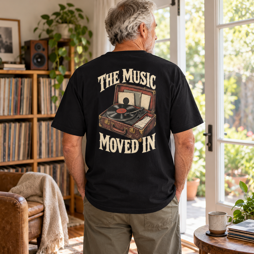 The Music Moved In Heavyweight Tee — Black lifestyle back print