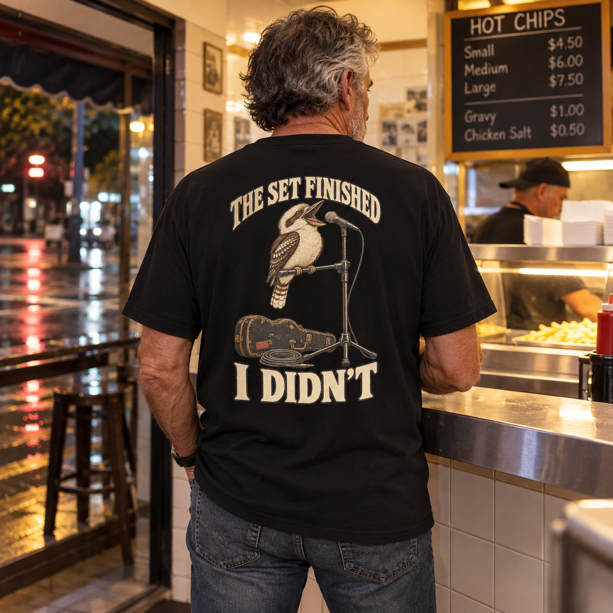 The Set Finished I Didn’t Heavyweight Tee — Black lifestyle back print
