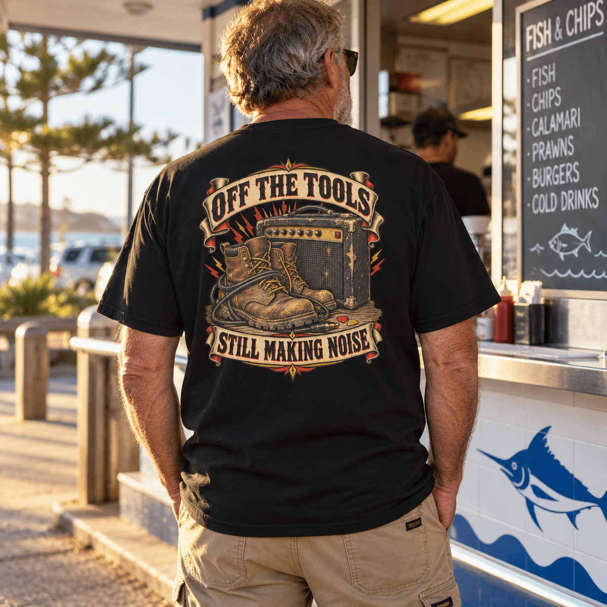 Off The Tools Still Making Noise Heavyweight Tee — Black lifestyle back print