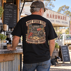 Not Fixed Yet Sounds Good Though Heavyweight Tee — Black lifestyle back print