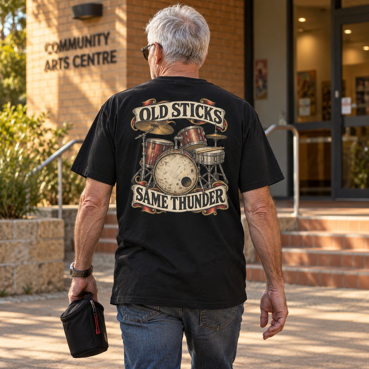Old Sticks Same Thunder Heavyweight Tee — Black lifestyle back print