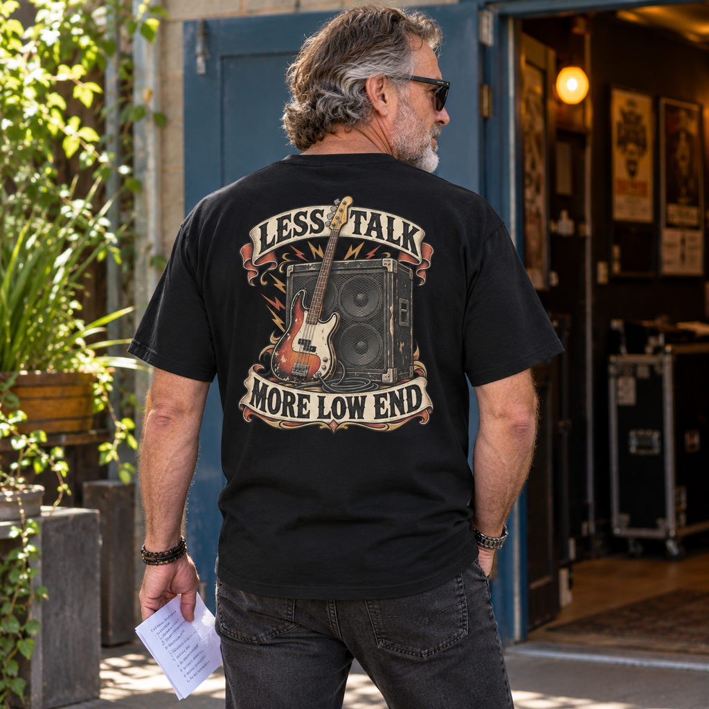 Less Talk More Low End Heavyweight Tee — Black lifestyle back print