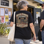 Never Famous Always Loud Heavyweight Tee — Black lifestyle back print