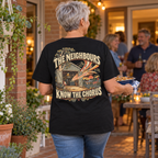 The Neighbours Know The Chorus Heavyweight Tee — Black lifestyle back print