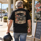 Bike Won’t Start Rock Won’t Stop Heavyweight Tee — Black lifestyle back print