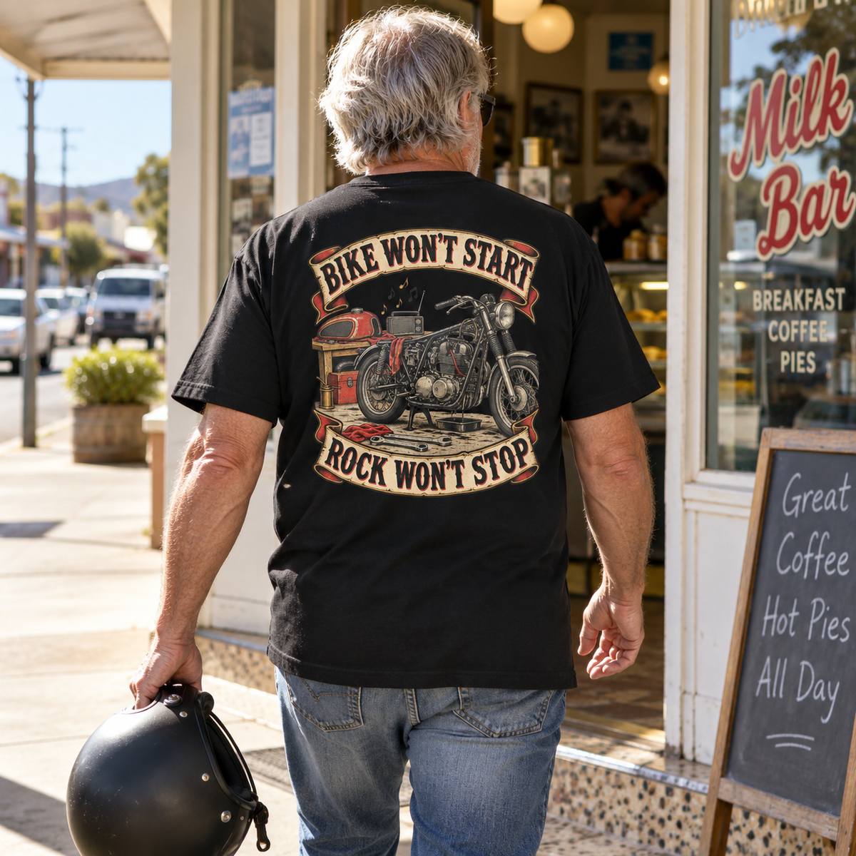 Bike Won’t Start Rock Won’t Stop Heavyweight Tee — Black lifestyle back print