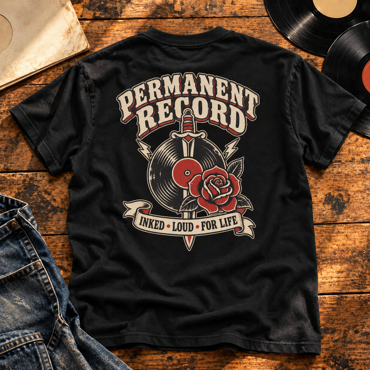 Permanent Record Heavyweight Tee — black back print in vintage vinyl setting