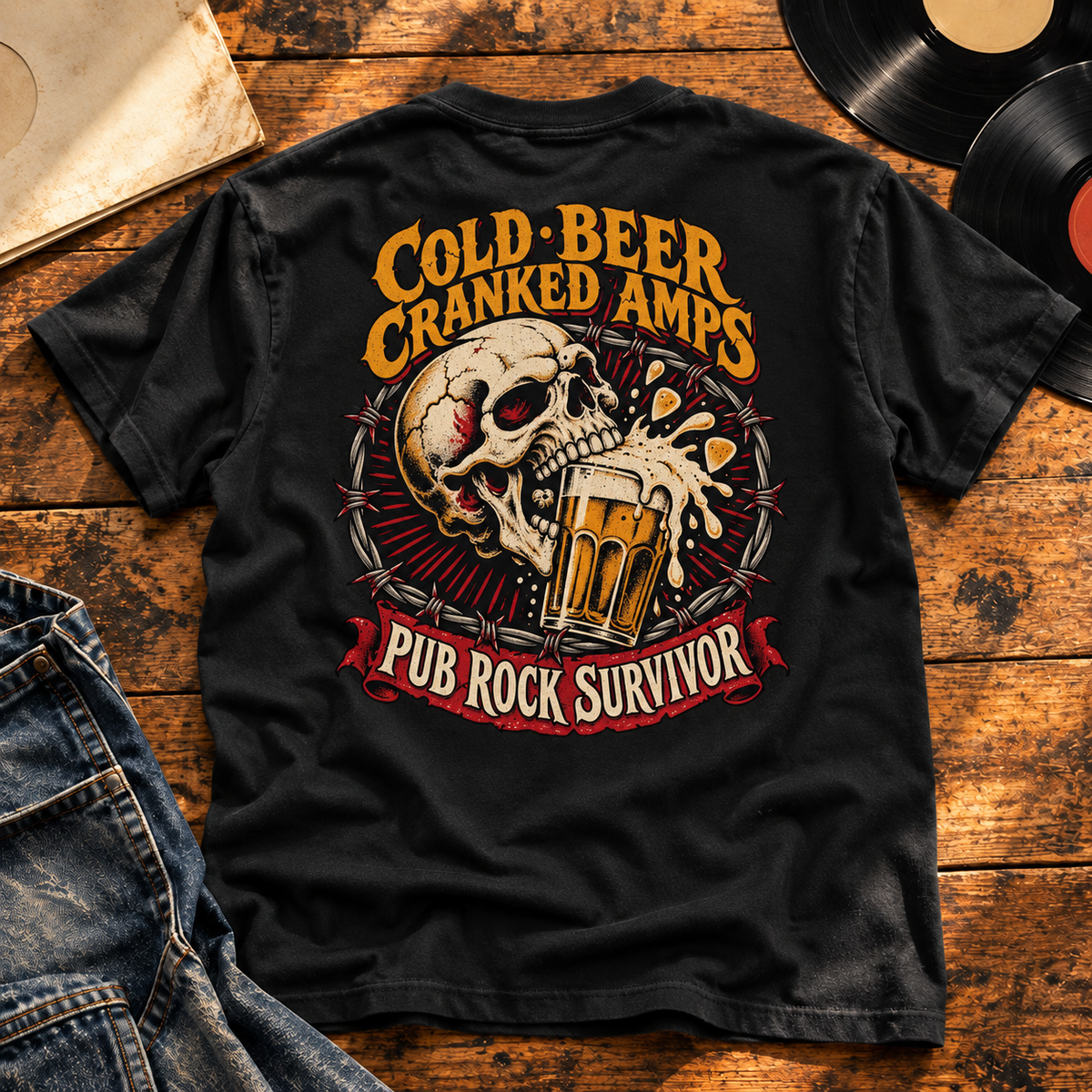Pub Rock Survivor Heavyweight Tee — black back print in vintage vinyl setting