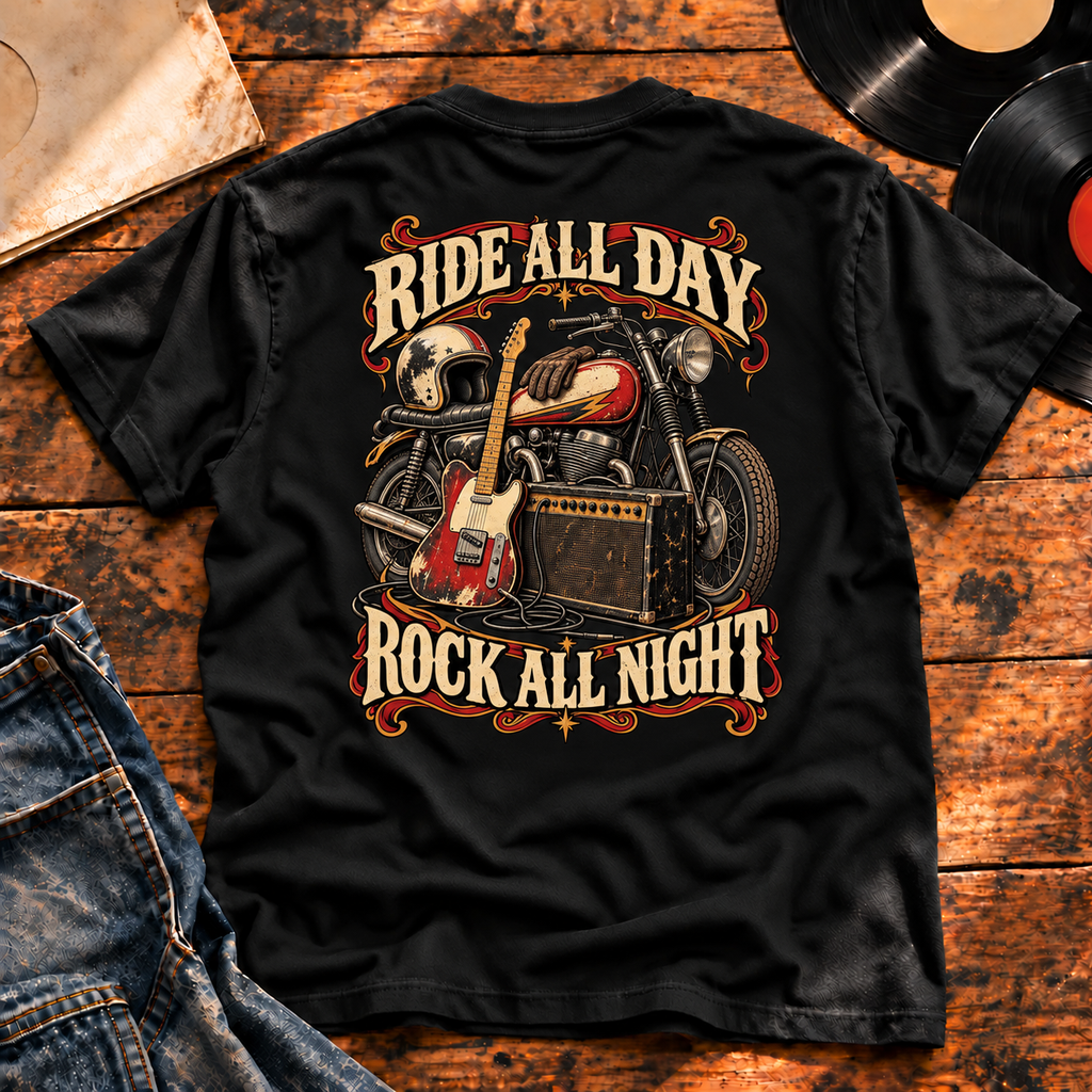 Ride All Day Rock All Night Heavyweight Tee — black back-print hero