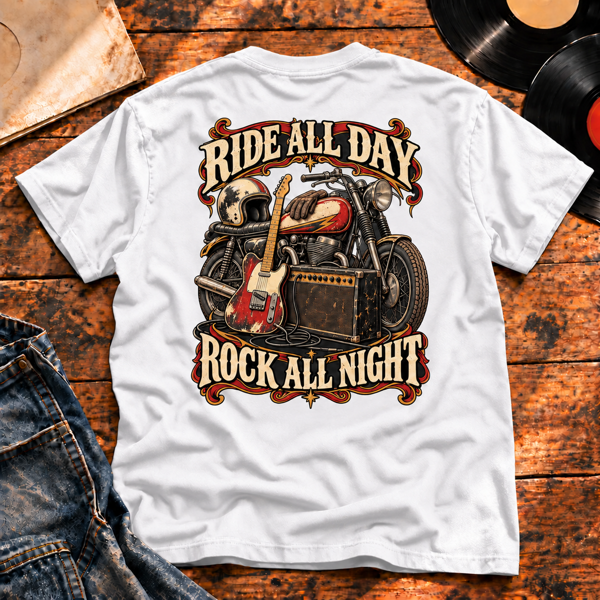 Ride All Day Rock All Night Heavyweight Tee — white back-print hero