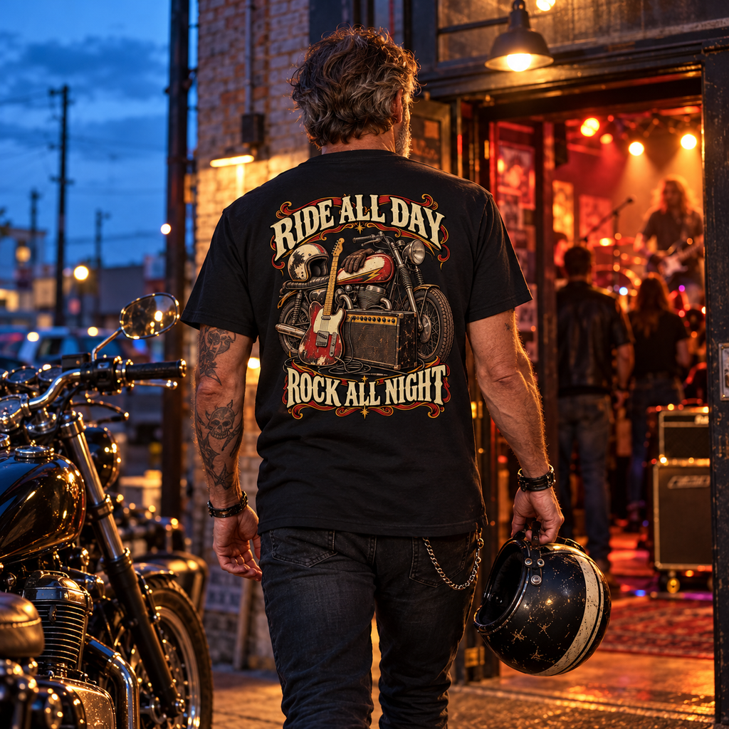 Ride All Day Rock All Night Heavyweight Tee — Black lifestyle photograph