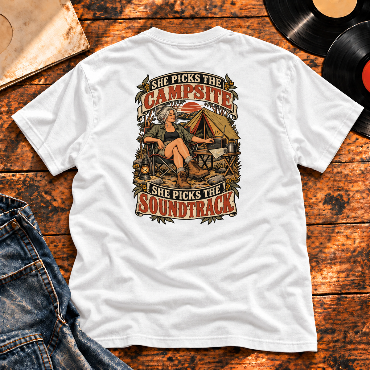 She Picks the Campsite She Picks the Soundtrack Heavyweight Tee — white back-print hero