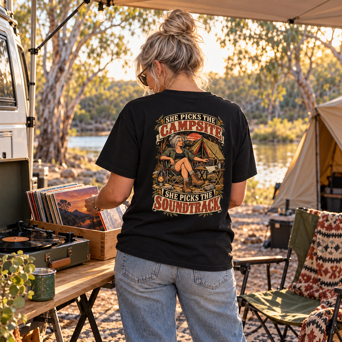 She Picks the Campsite She Picks the Soundtrack Heavyweight Tee — Black lifestyle photograph