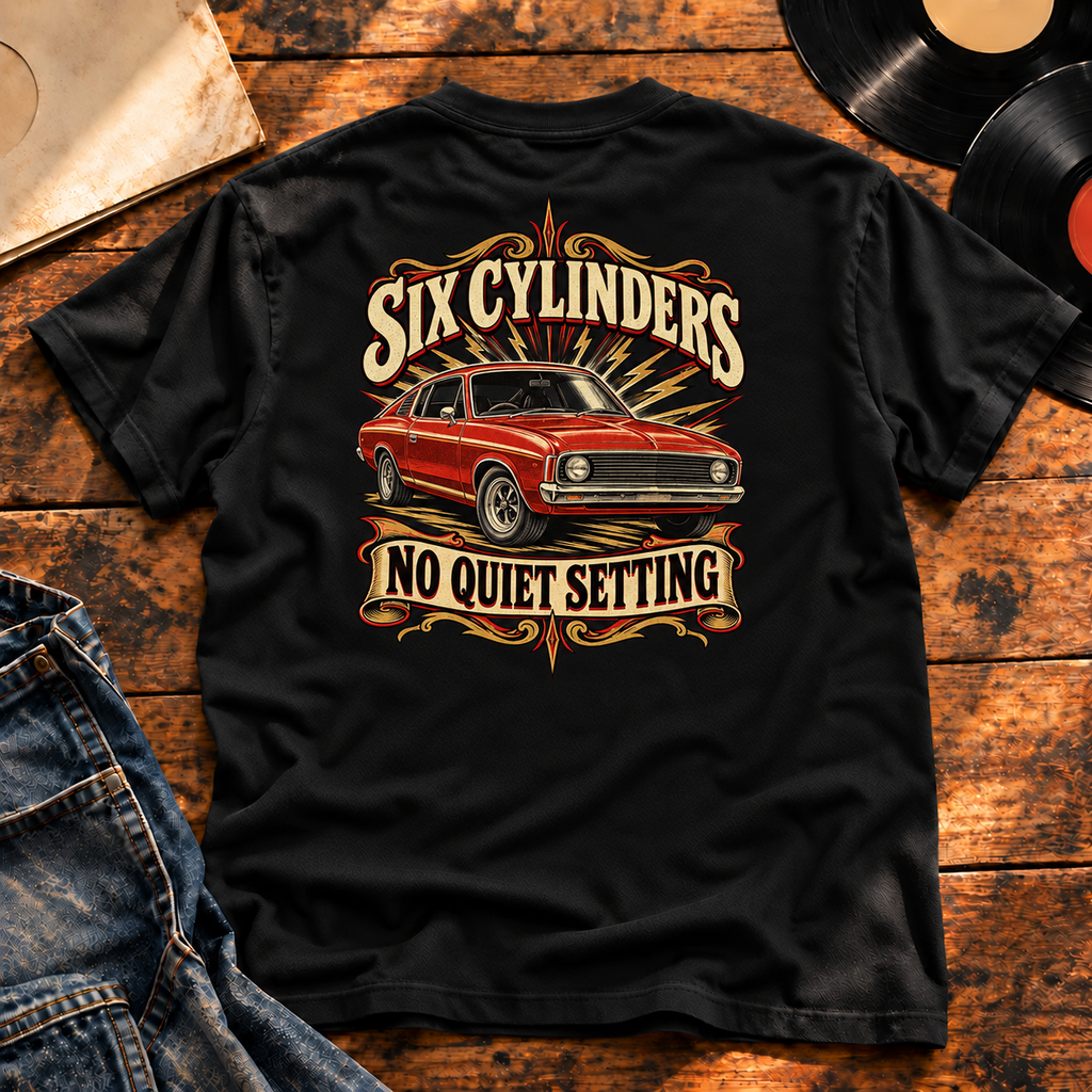 Six Cylinders, No Quiet Setting Heavyweight Tee — Black back-print vinyl hero