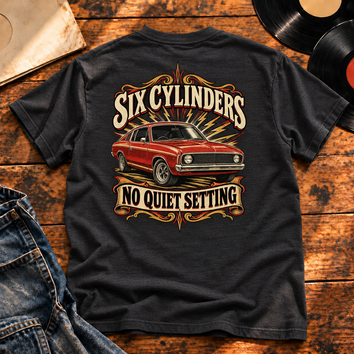 Six Cylinders, No Quiet Setting Heavyweight Tee — Charcoal Heather back-print vinyl hero