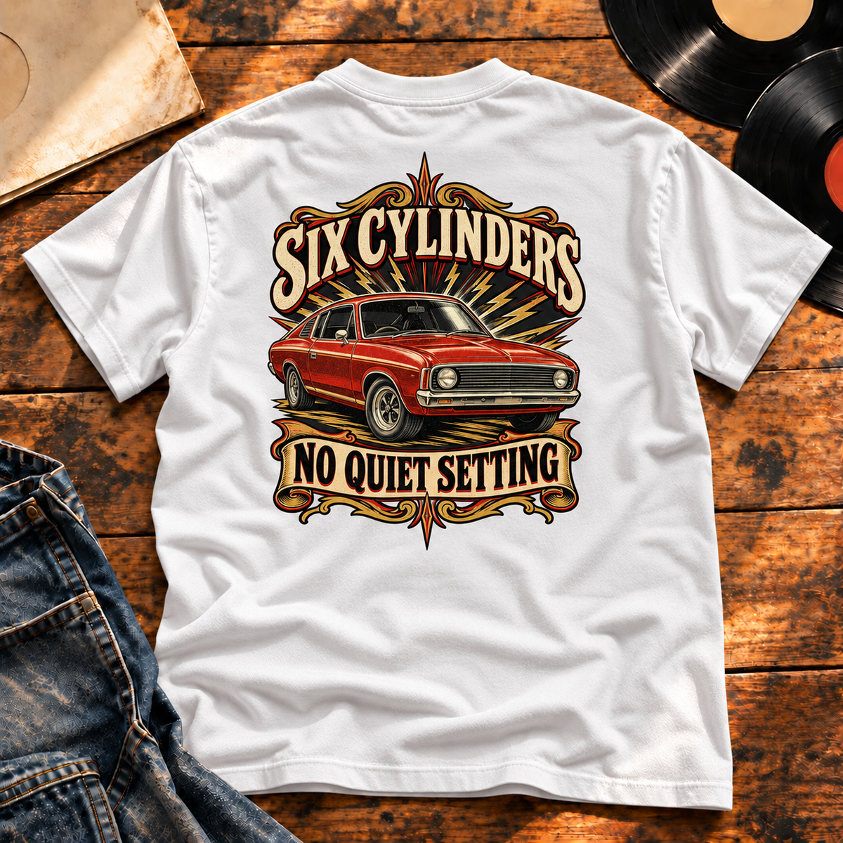 Six Cylinders, No Quiet Setting Heavyweight Tee — White back-print vinyl hero