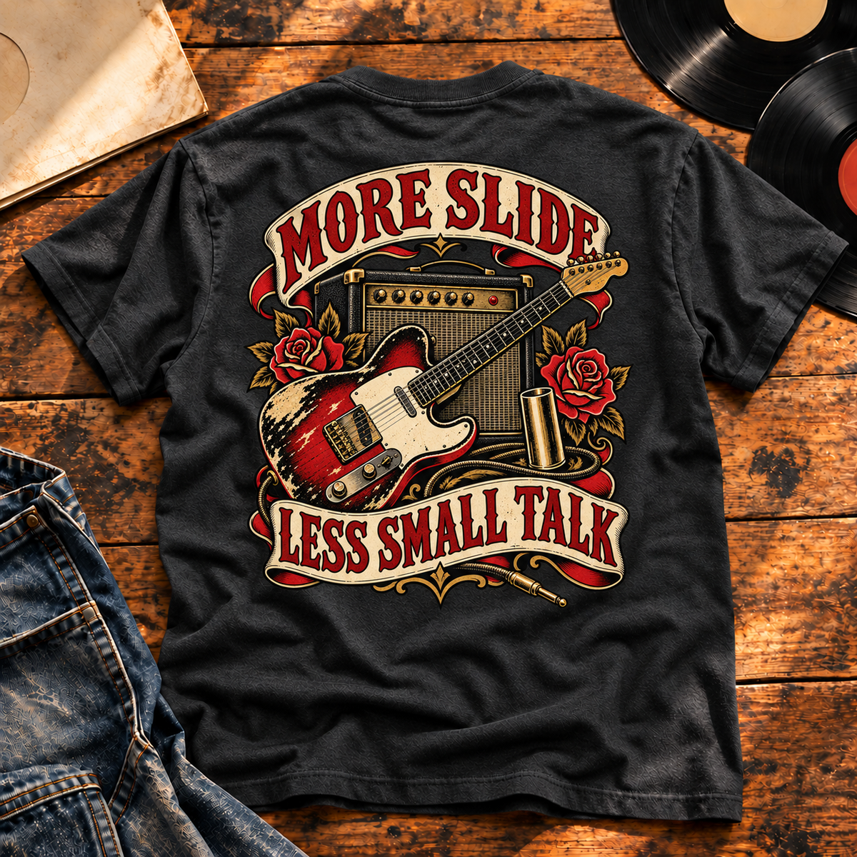 More Slide Less Small Talk — Charcoal Heather vinyl flat-lay back view