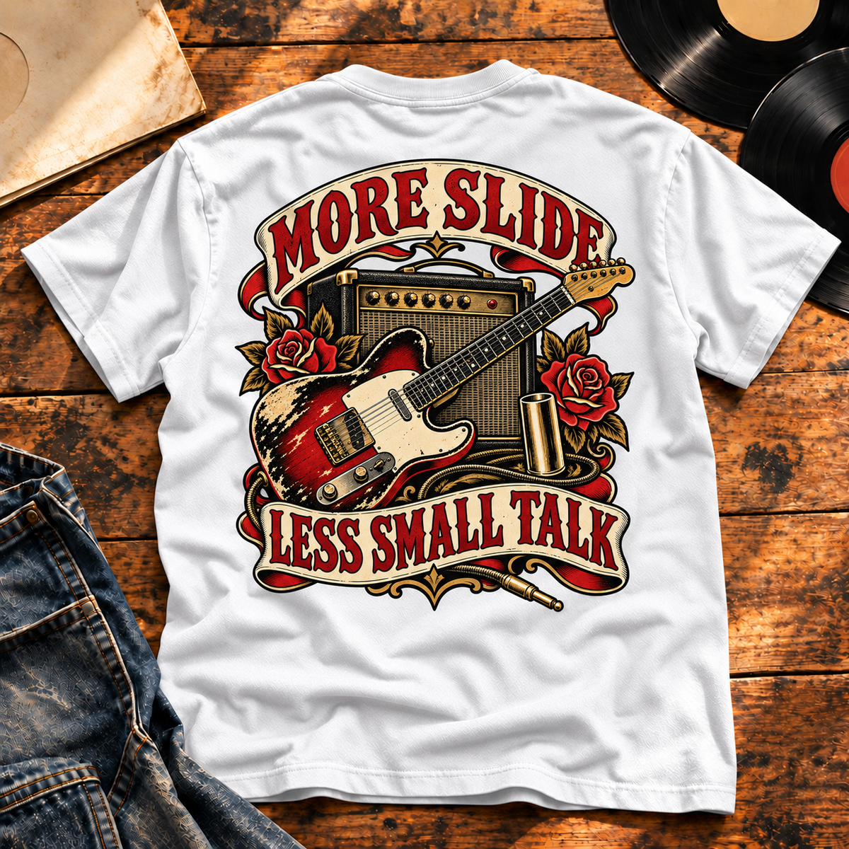 More Slide Less Small Talk — White vinyl flat-lay back view
