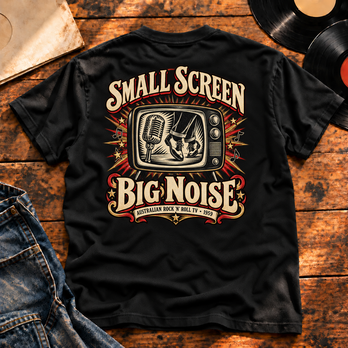 Small Screen Big Noise Heavyweight Tee — black back-print vinyl hero
