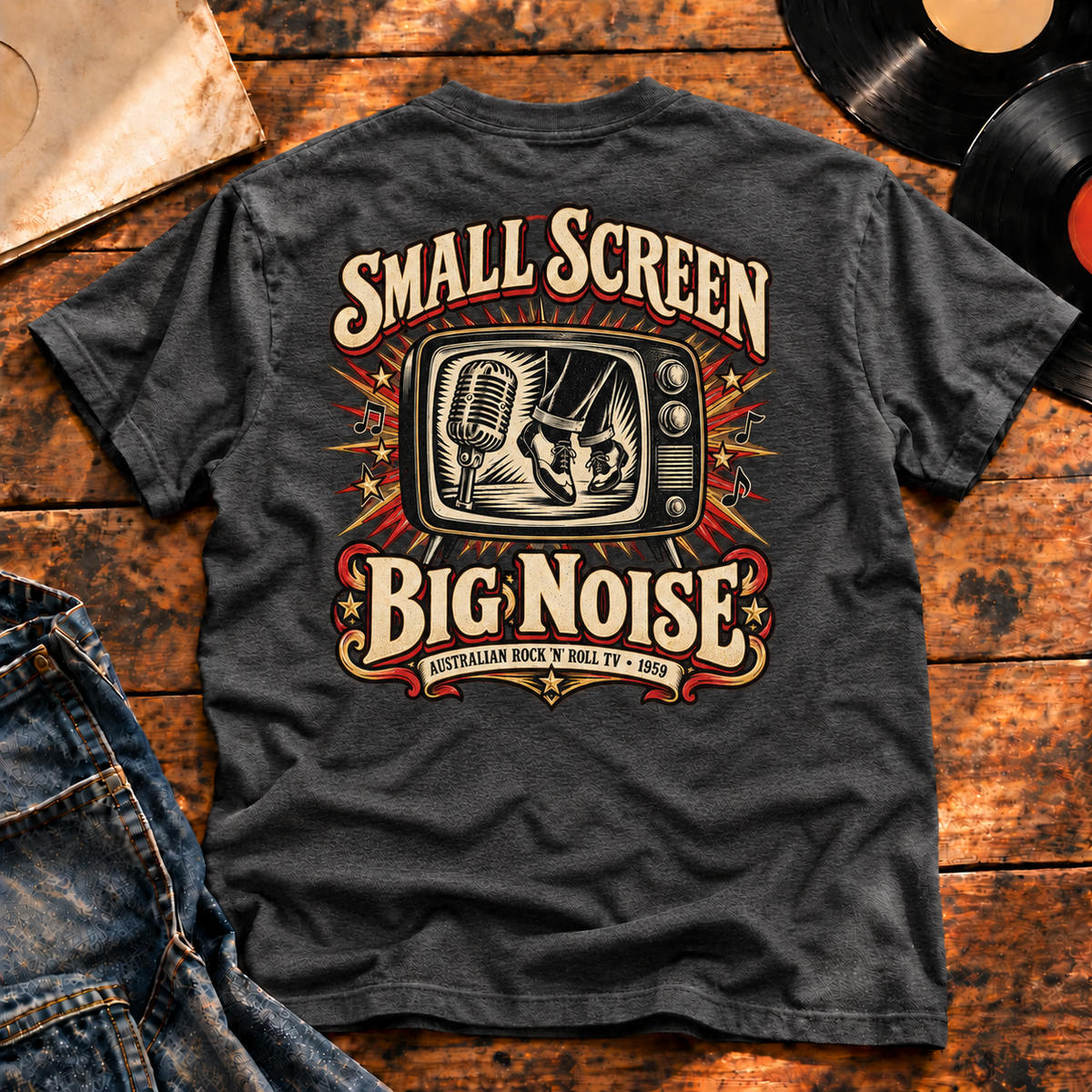 Small Screen Big Noise Heavyweight Tee — charcoal heather back-print vinyl hero