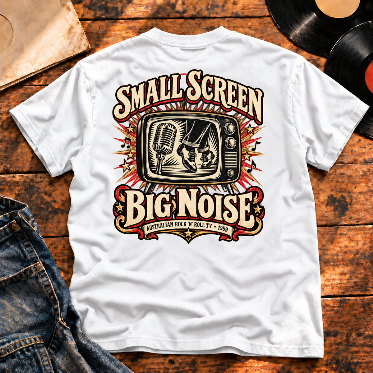 Small Screen Big Noise Heavyweight Tee — white back-print vinyl hero