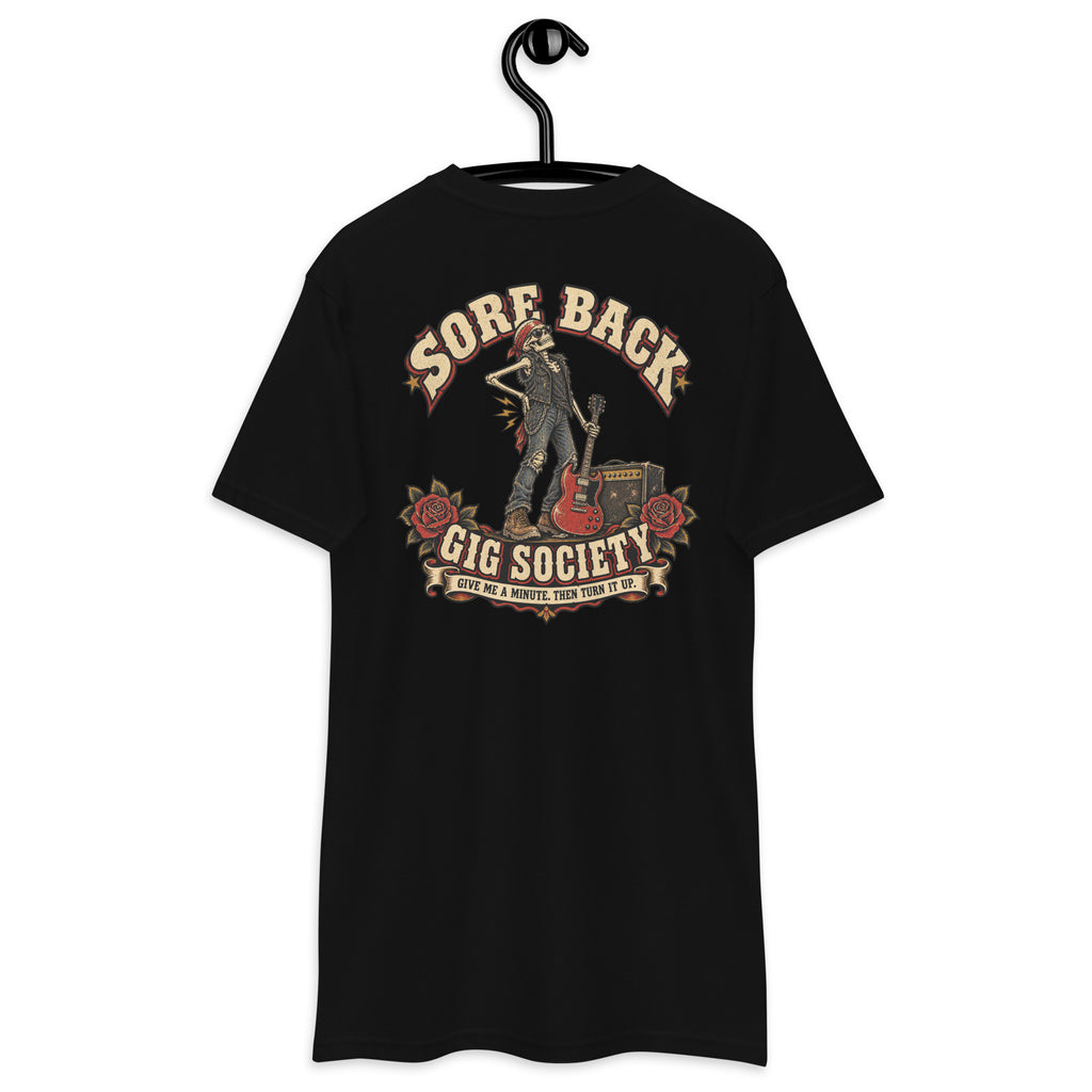 Sore Back Gig Society Heavyweight Tee — Black back print, original Printful hanging tee mockup