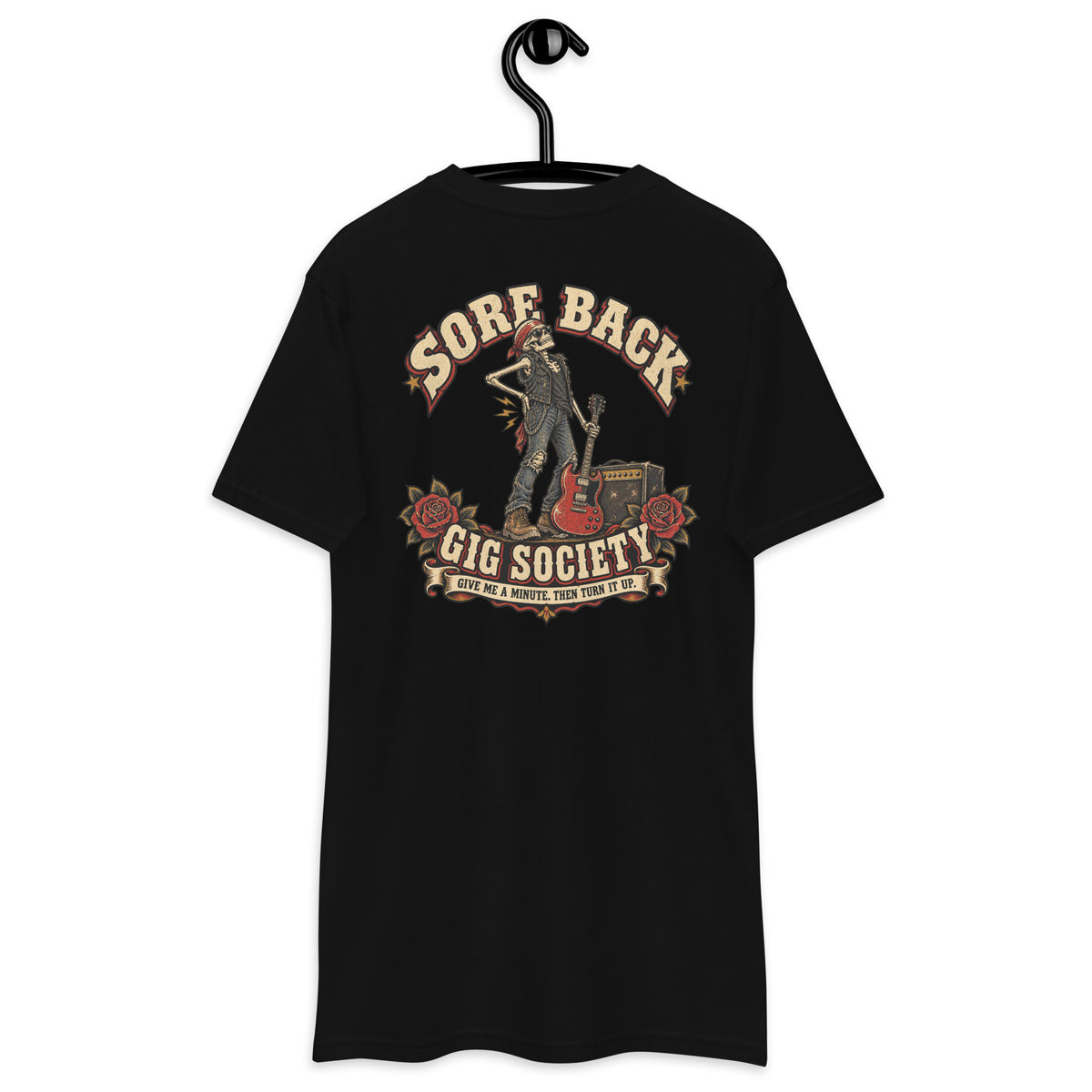 Sore Back Gig Society Heavyweight Tee — Black back print, original Printful hanging tee mockup