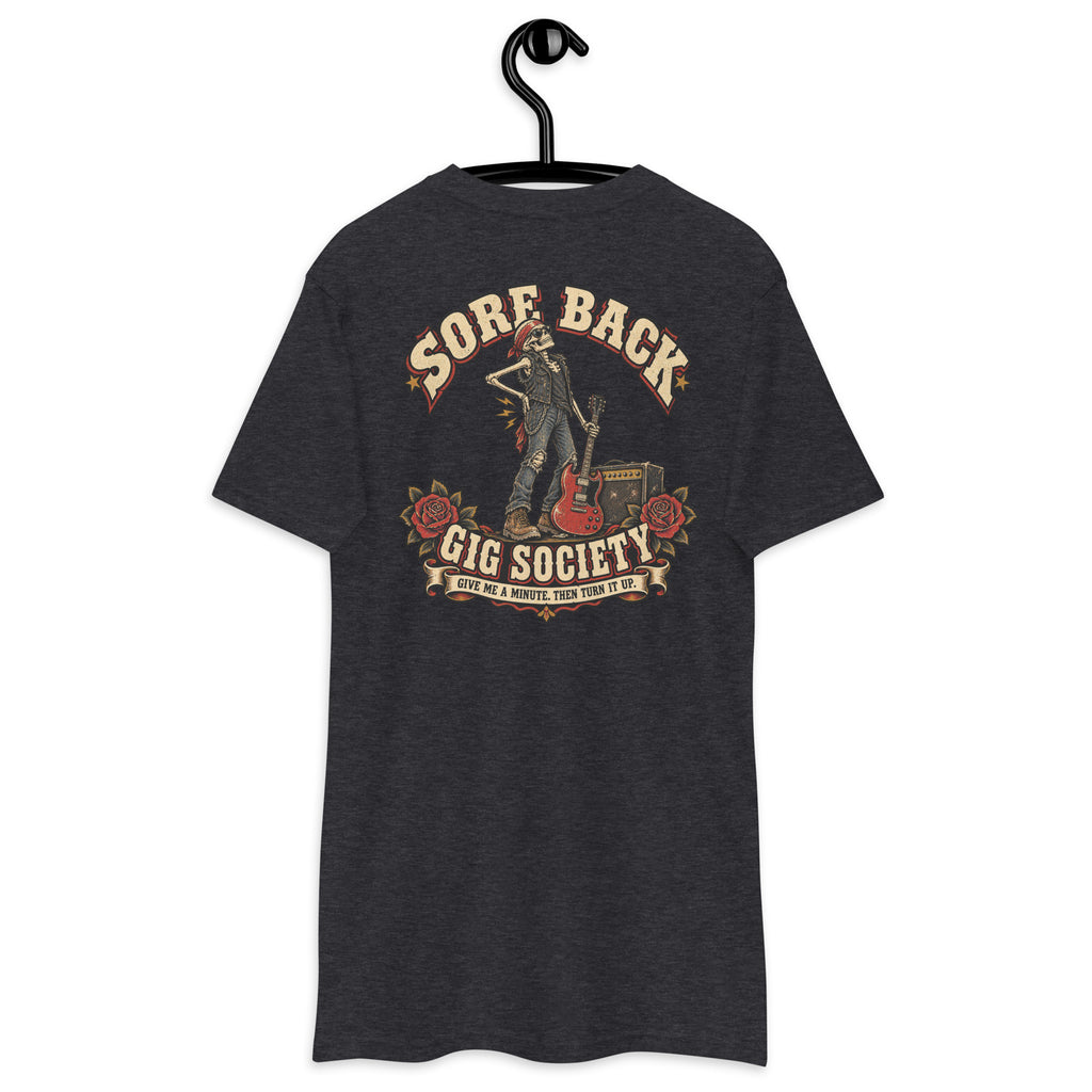 Sore Back Gig Society Heavyweight Tee — Charcoal Heather back print, original Printful hanging tee mockup