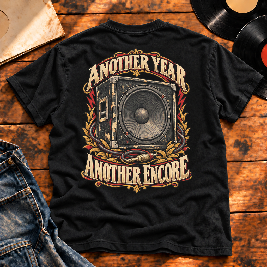 Another Year Another Encore Speaker Edition Heavyweight Tee — Black back-print flatlay hero