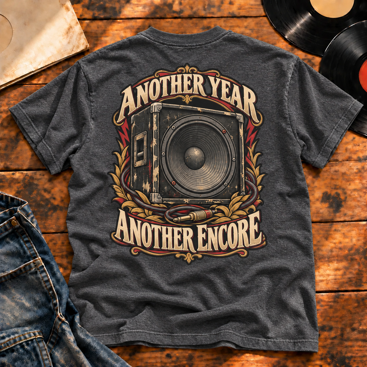 Another Year Another Encore Speaker Edition Heavyweight Tee — Charcoal Heather back-print flatlay hero